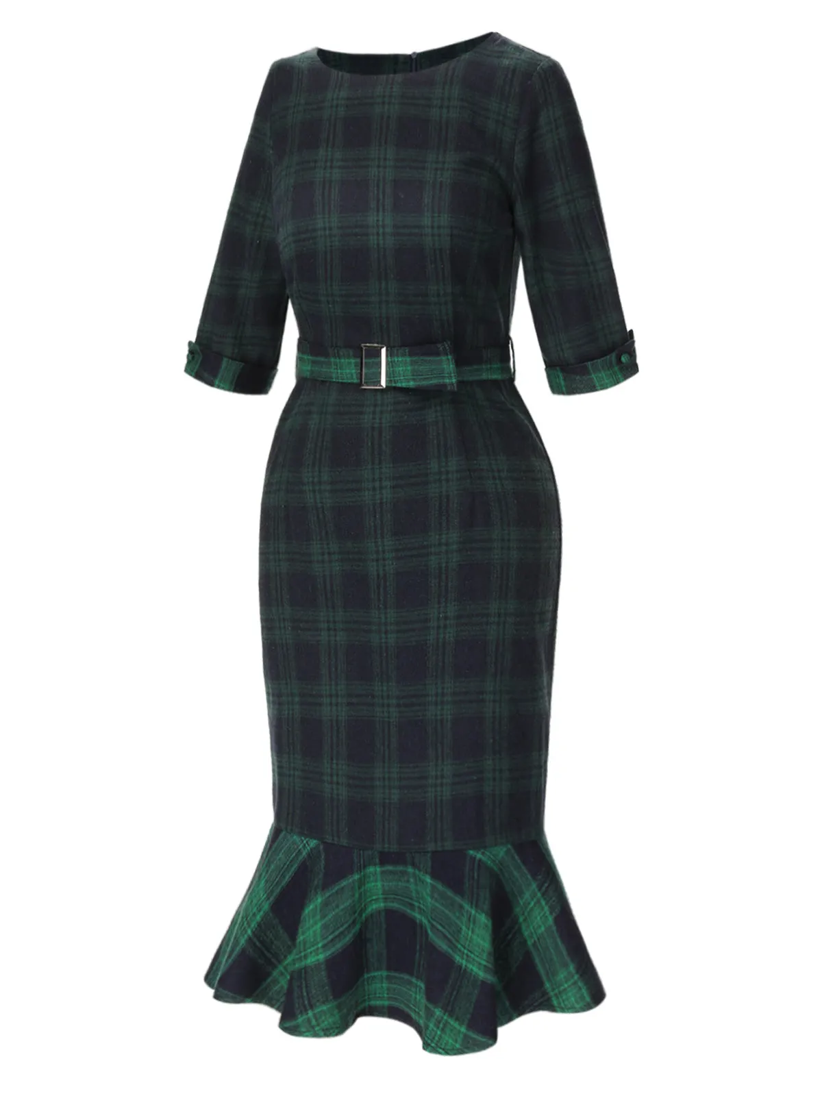 1930s Crew Neck Tartan Plaid Belted Mermaid Dress
