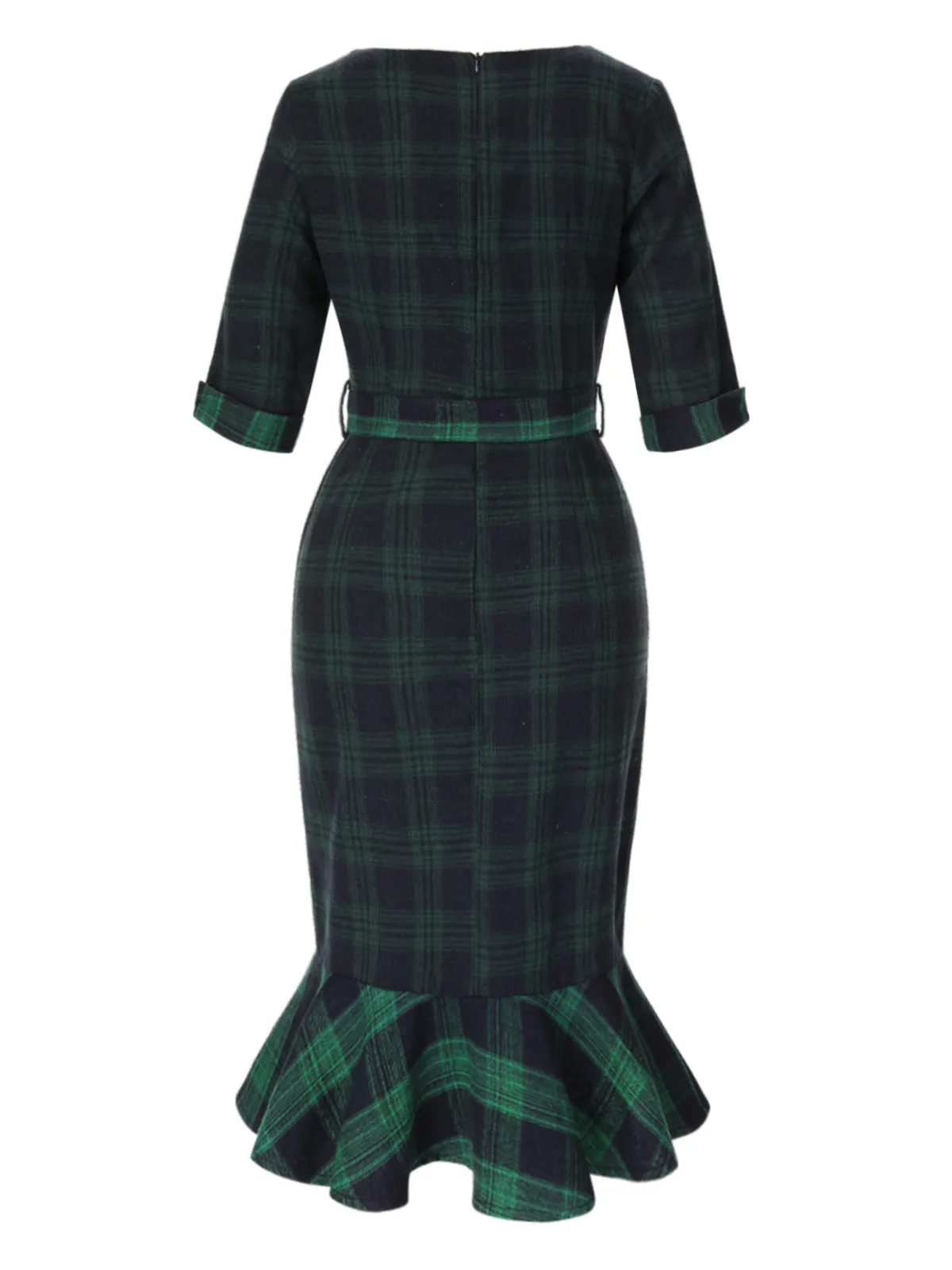 1930s Crew Neck Tartan Plaid Belted Mermaid Dress