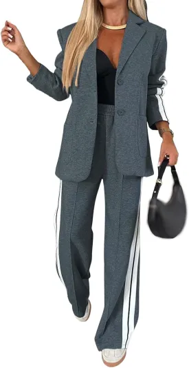 2 Piece Blazer Outfits for Women Comfy Oversized Jacket Wide Leg Pants Suits Notch Lapel Casual Business Dressy Sets