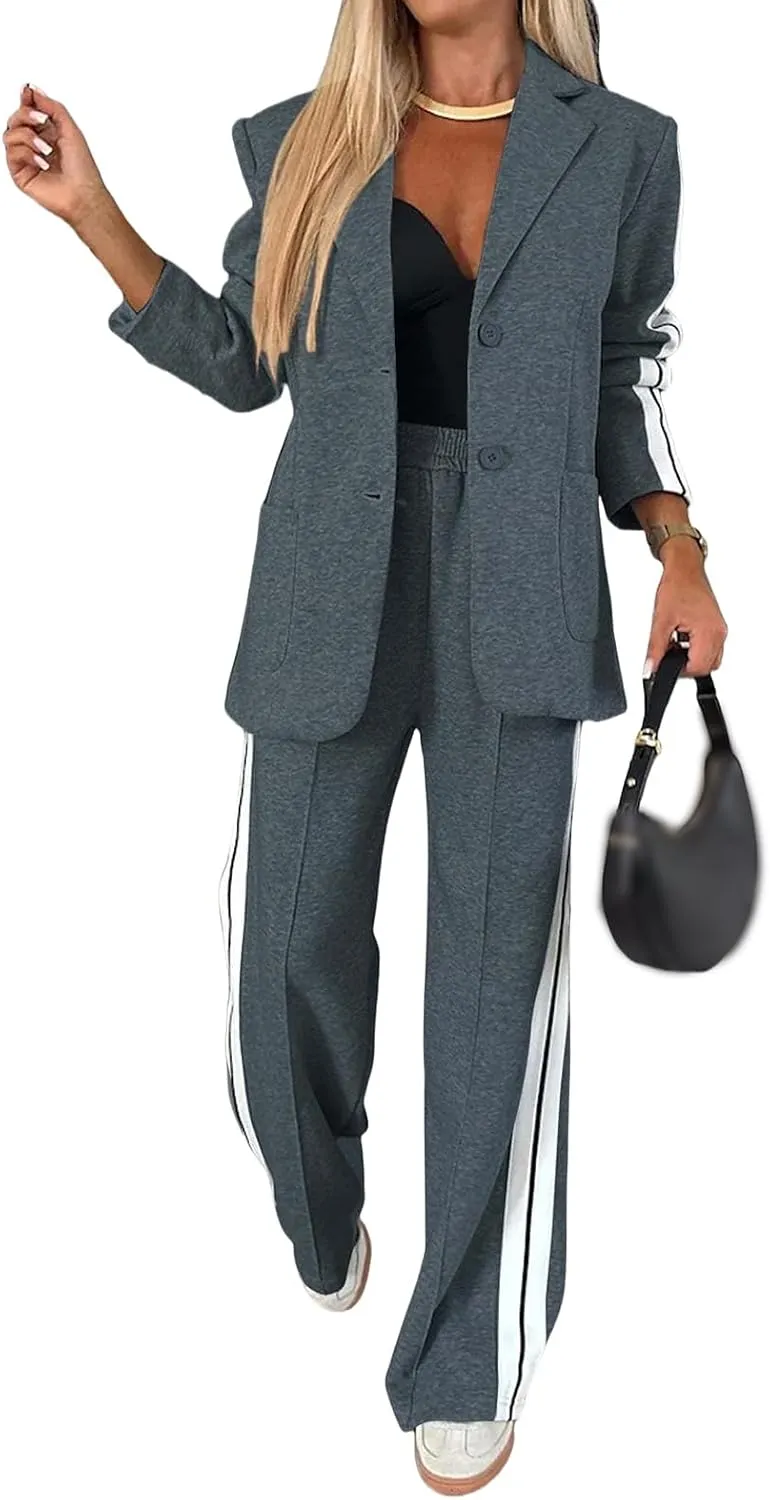 2 Piece Blazer Outfits for Women Comfy Oversized Jacket Wide Leg Pants Suits Notch Lapel Casual Business Dressy Sets