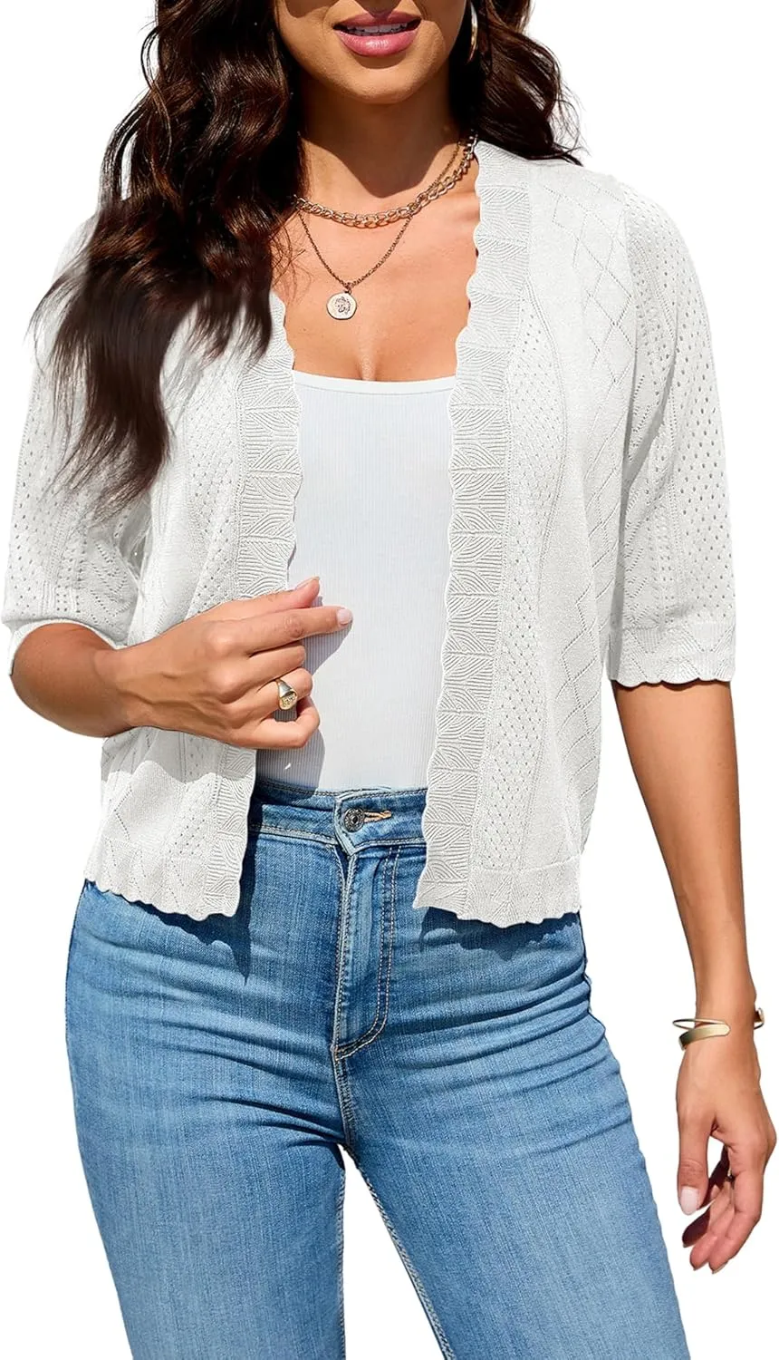 2024 Cropped Cardigans for Women 3/4 Sleeve V Neck Knit Sweaters Short Sleeve Open Front Bolero Shrug