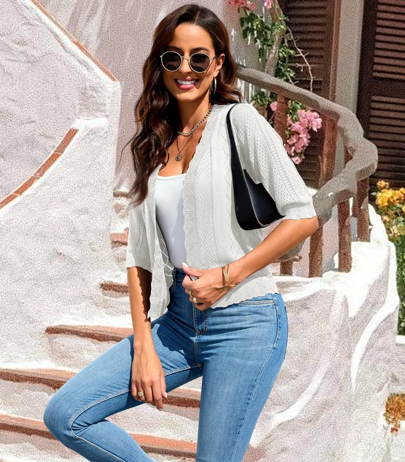 2024 Cropped Cardigans for Women 3/4 Sleeve V Neck Knit Sweaters Short Sleeve Open Front Bolero Shrug