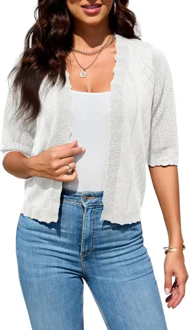 2024 Cropped Cardigans for Women 3/4 Sleeve V Neck Knit Sweaters Short Sleeve Open Front Bolero Shrug