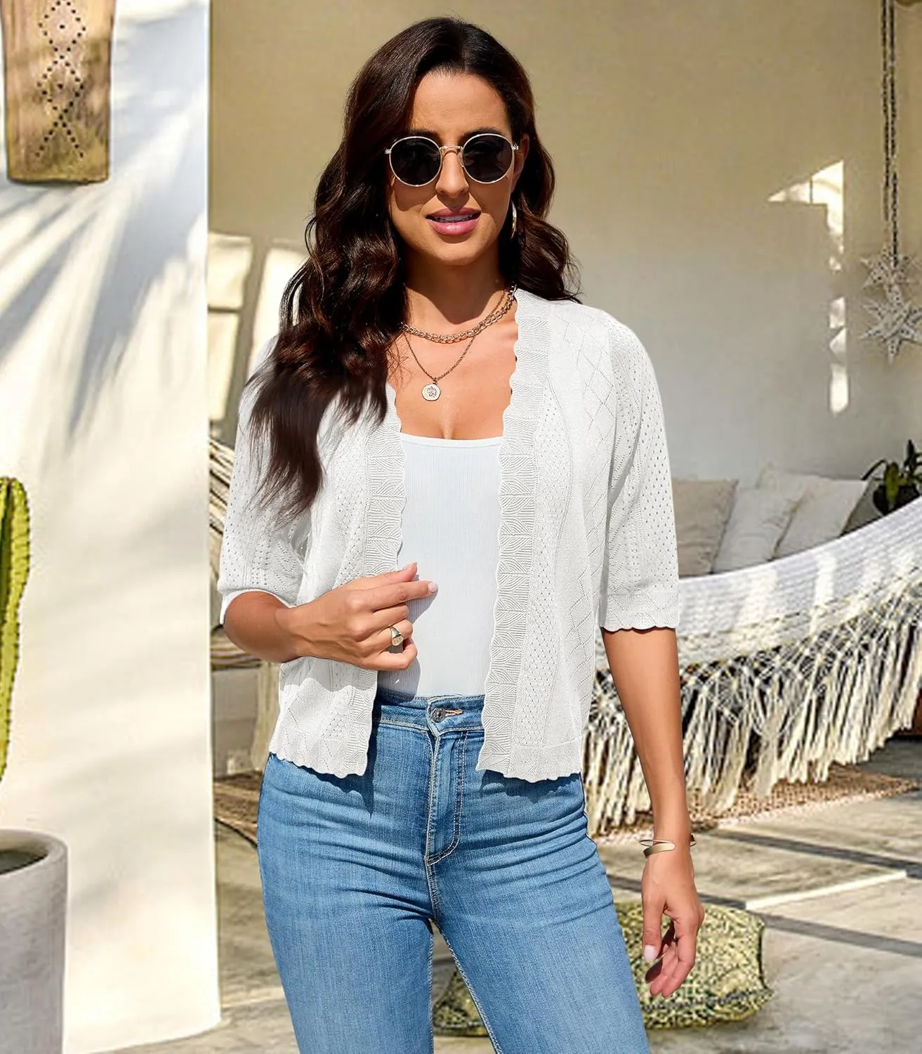 2024 Cropped Cardigans for Women 3/4 Sleeve V Neck Knit Sweaters Short Sleeve Open Front Bolero Shrug