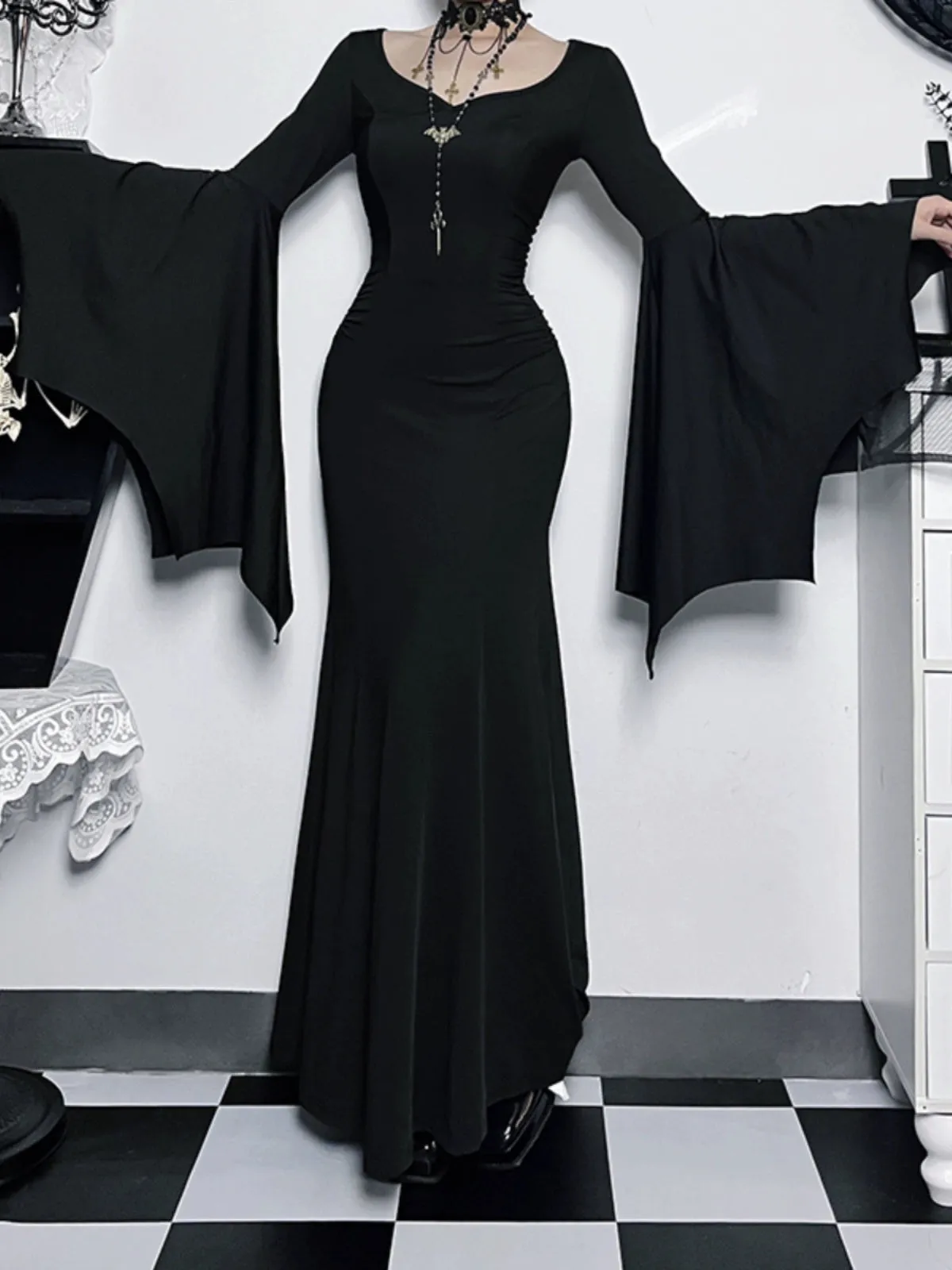 Addams Family Bat-Sleeved Fishtail Dress