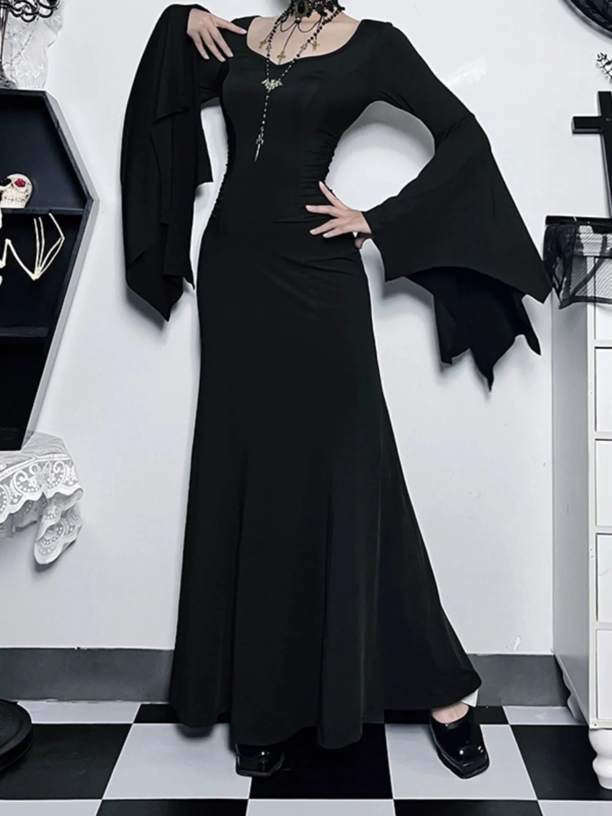 Addams Family Bat-Sleeved Fishtail Dress