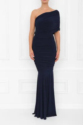 ALICE NAVY ONE SHOULDER FISHTAIL BRIDESMAIDS MAXI DRESS