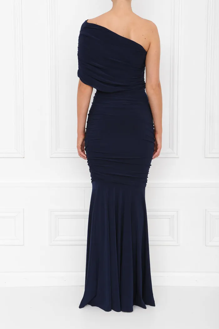 ALICE NAVY ONE SHOULDER FISHTAIL BRIDESMAIDS MAXI DRESS