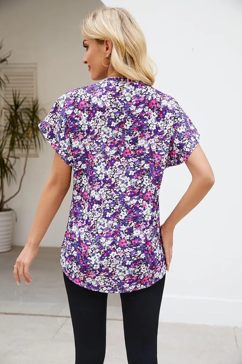 Allimy Women Summer Casual Split V Neckline Floral Chiffon Blouses Loose Tunic Short Sleeve Tops