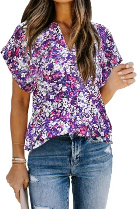 Allimy Women Summer Casual Split V Neckline Floral Chiffon Blouses Loose Tunic Short Sleeve Tops