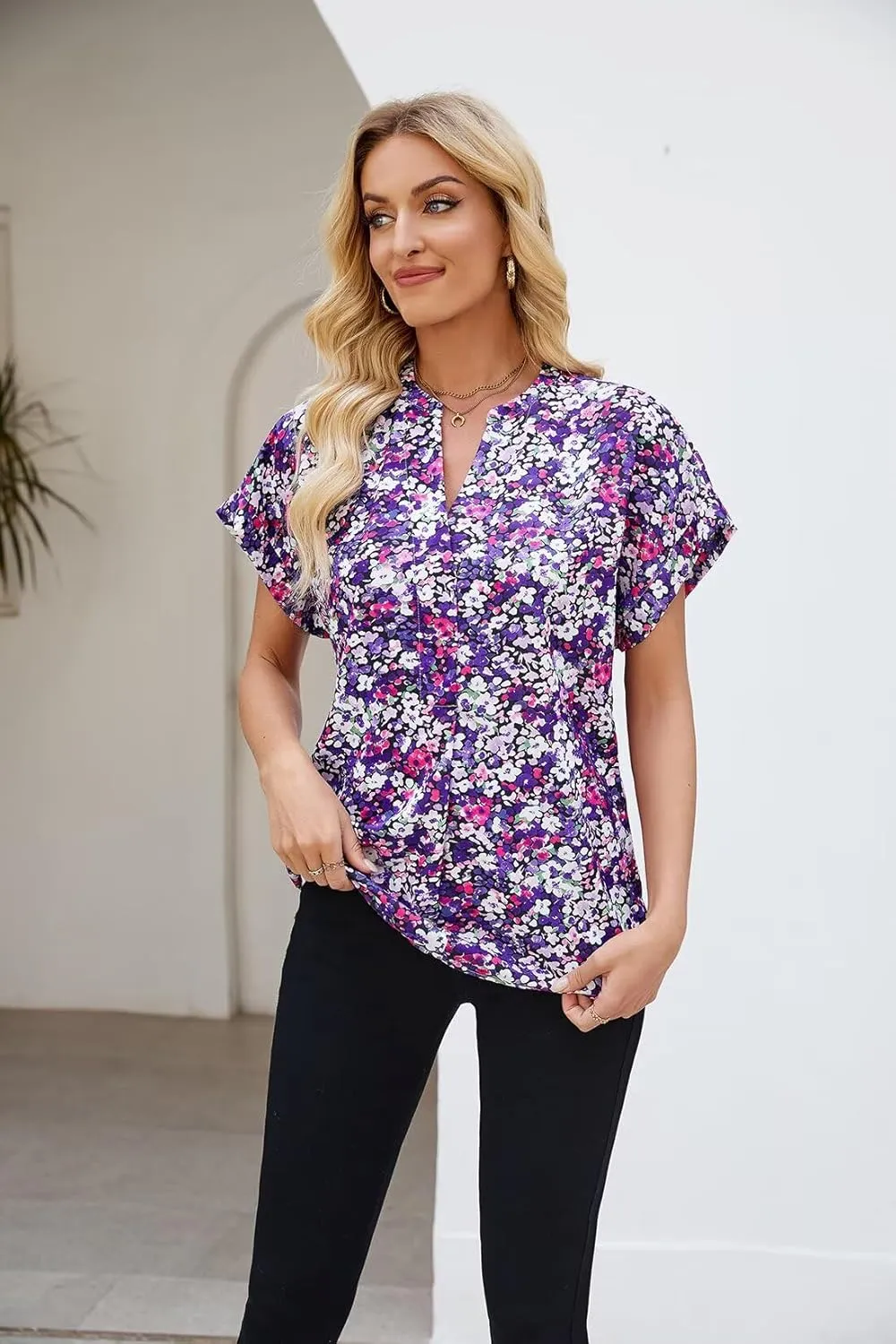 Allimy Women Summer Casual Split V Neckline Floral Chiffon Blouses Loose Tunic Short Sleeve Tops