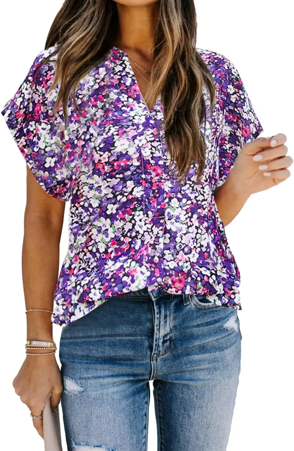 Allimy Women Summer Casual Split V Neckline Floral Chiffon Blouses Loose Tunic Short Sleeve Tops