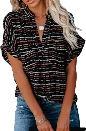 Allimy Women Summer Casual Split V Neckline Floral Chiffon Blouses Loose Tunic Short Sleeve Tops