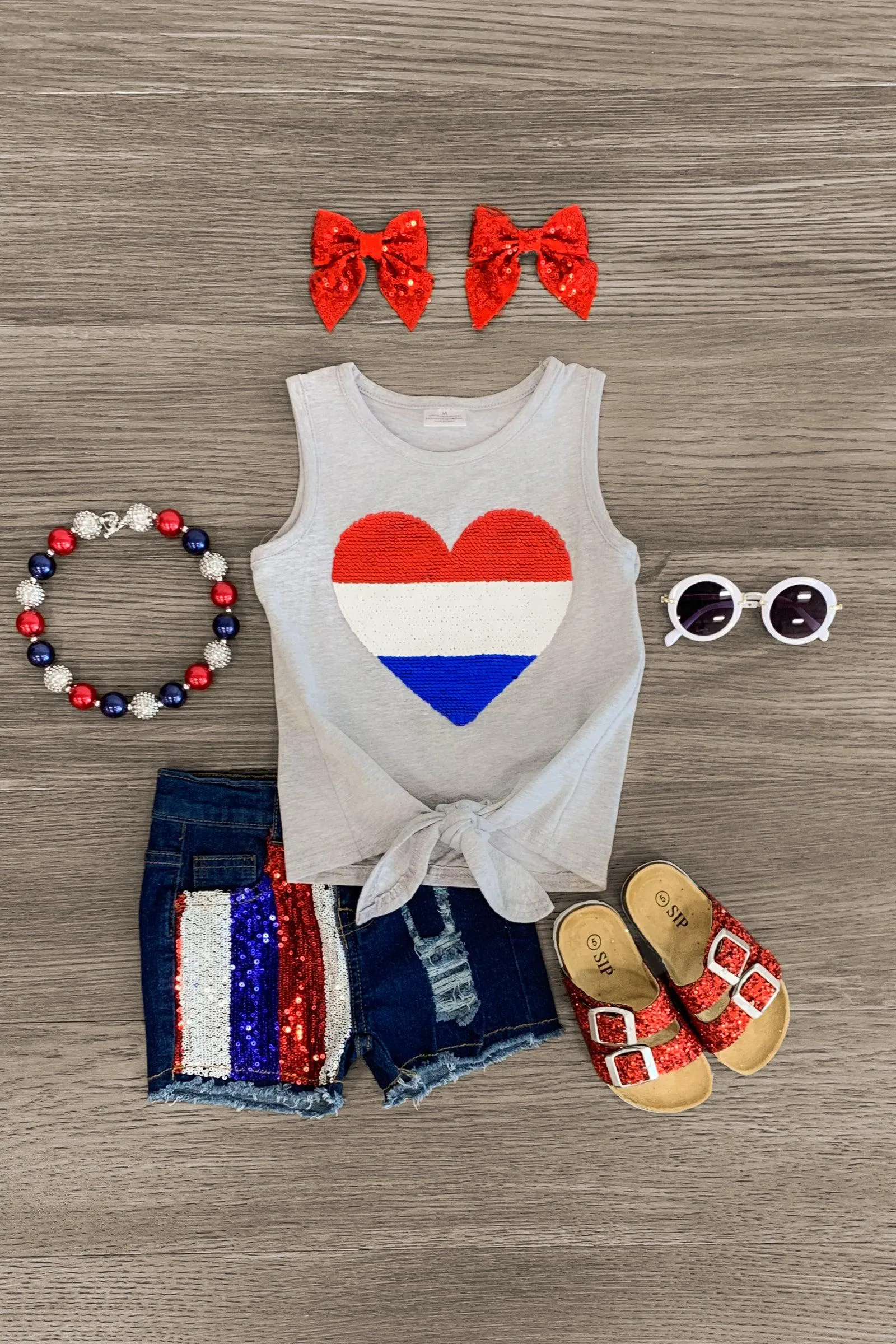 American Flip Sequin Heart Denim Short Set