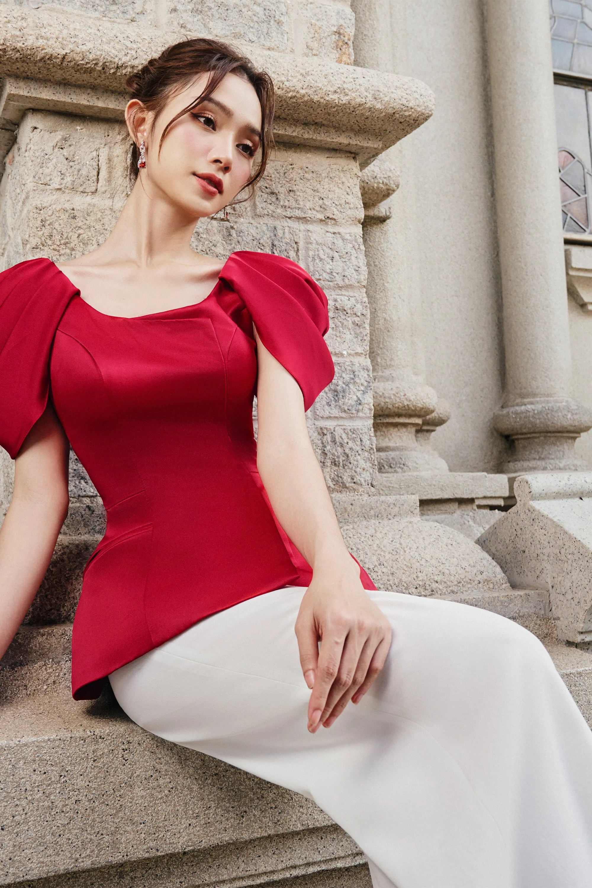 Anita Peplum Pleated Sleeved Satin Top