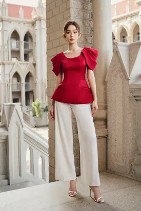 Anita Peplum Pleated Sleeved Satin Top