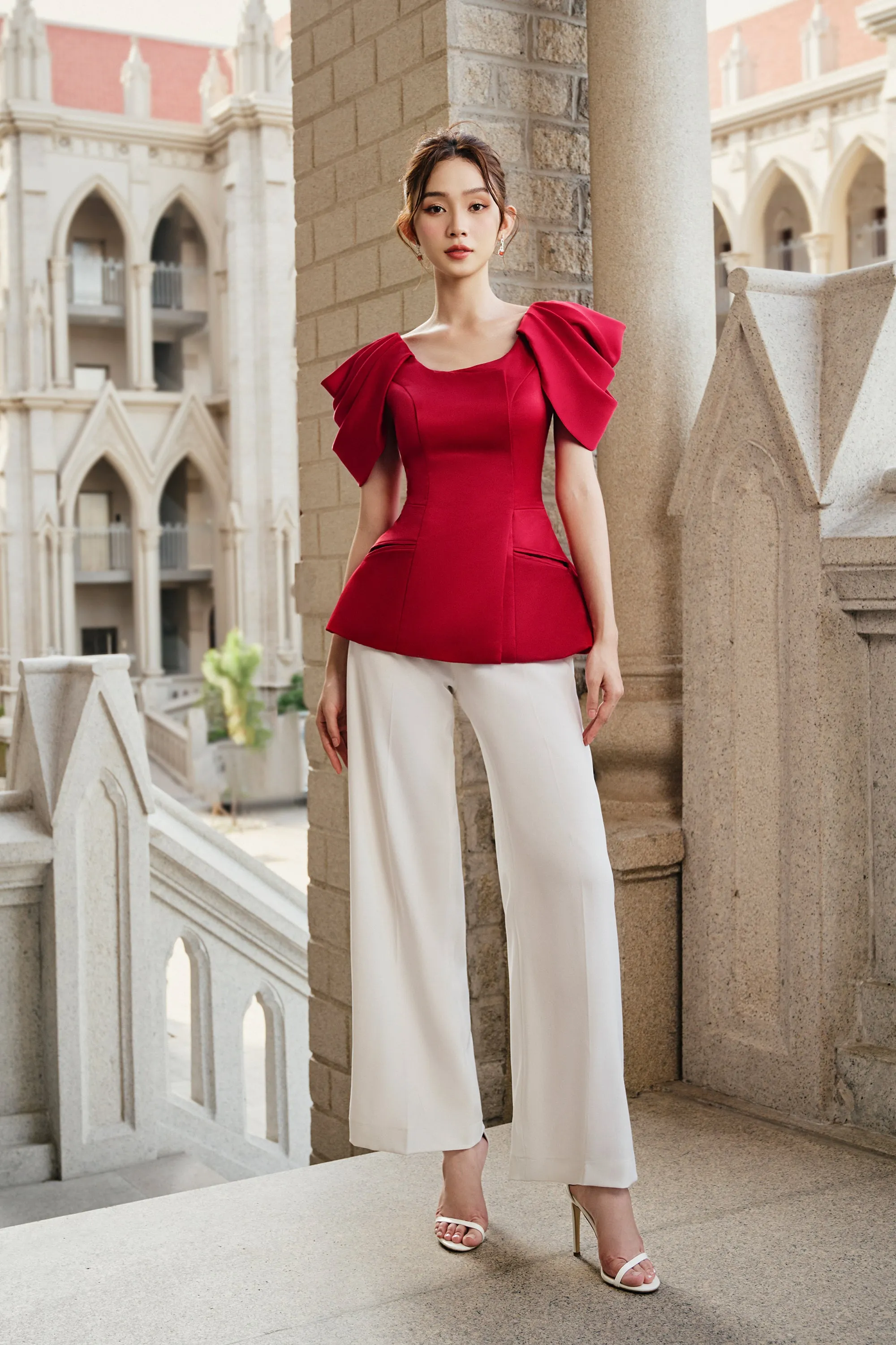 Anita Peplum Pleated Sleeved Satin Top