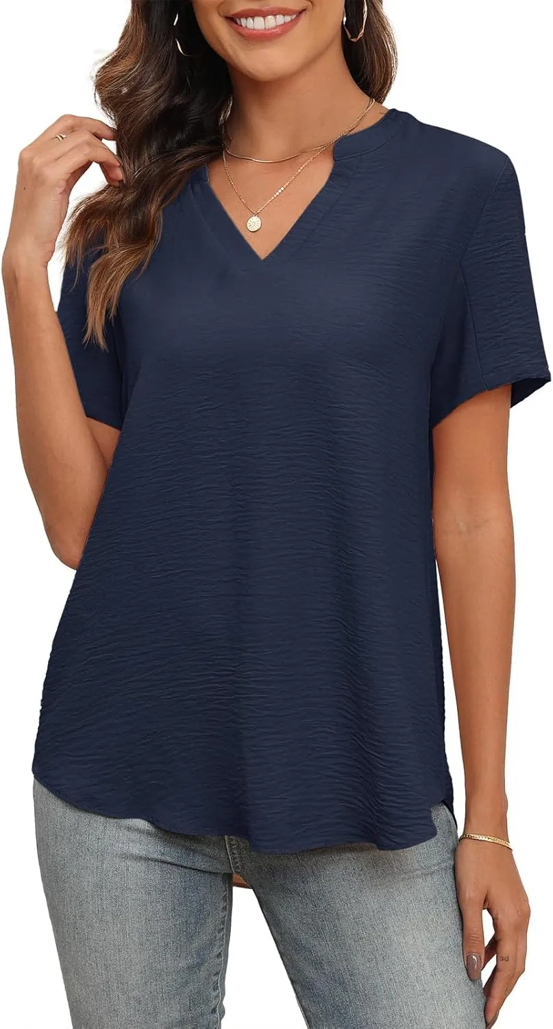 Askyes Women's 2025 Summer Chiffon Blouses Short Sleeve V Neck Tshirts Casual Loose Flowy Dressy Tops for Leggings Blouse
