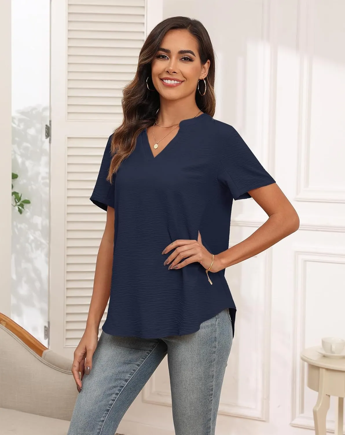 Askyes Women's 2025 Summer Chiffon Blouses Short Sleeve V Neck Tshirts Casual Loose Flowy Dressy Tops for Leggings Blouse