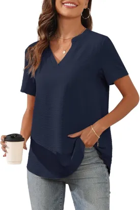 Askyes Women's 2025 Summer Chiffon Blouses Short Sleeve V Neck Tshirts Casual Loose Flowy Dressy Tops for Leggings Blouse