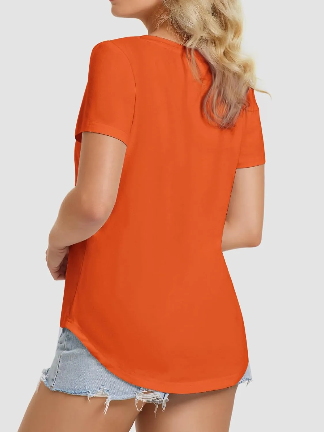 ATHMILE Womens V Neck Short Sleeve Summer T Shirts Curved Hem Plain Top Beach