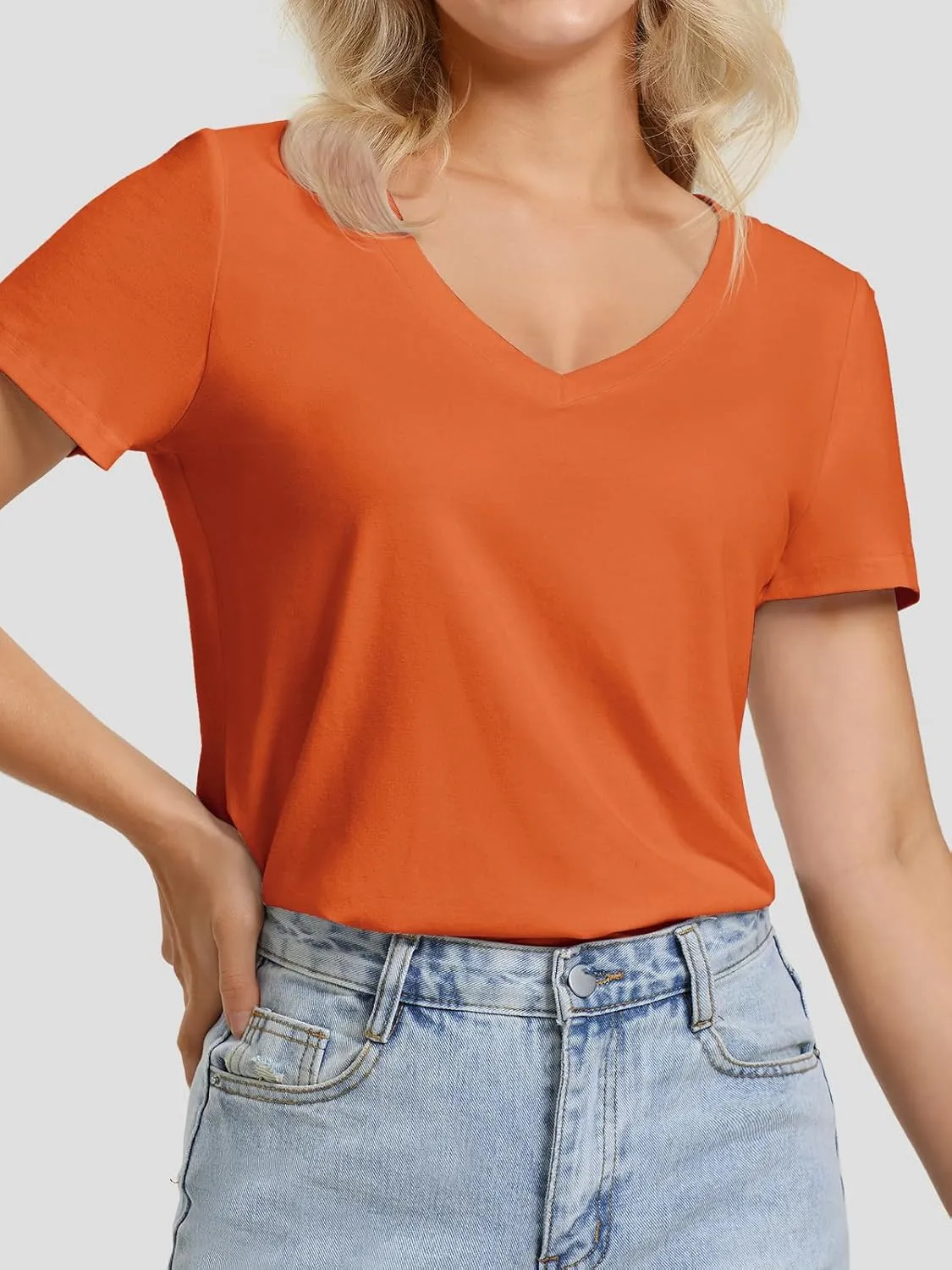 ATHMILE Womens V Neck Short Sleeve Summer T Shirts Curved Hem Plain Top Beach