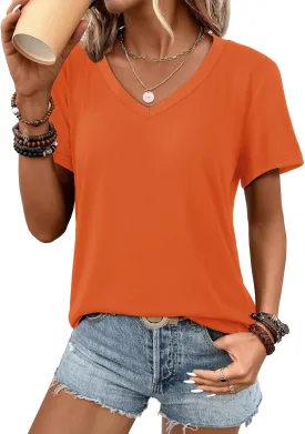 ATHMILE Womens V Neck Short Sleeve Summer T Shirts Curved Hem Plain Top Beach