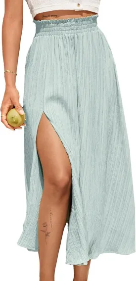 Avanova Women Slit Split High Waist Pleated Long Skirt Elastic Flowy Midi Skirt