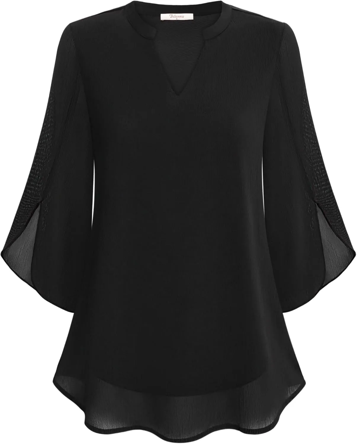 Bebonnie Womens Tops Dressy Casual Ruffle 3/4 Sleeve V Neck Double Layers Chiffon Blouses Tops