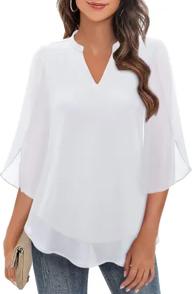 Bebonnie Womens Tops Dressy Casual Ruffle 3/4 Sleeve V Neck Double Layers Chiffon Blouses Tops