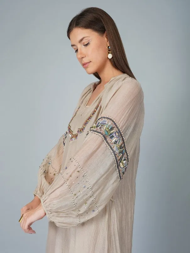 Beige Sequins Flower Big Sleeves Chanderi Dress (Set of 2)