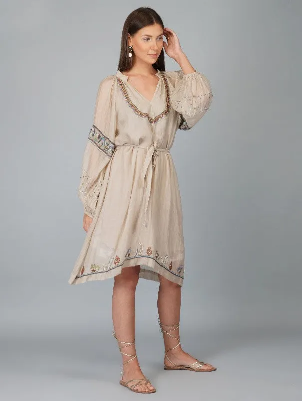 Beige Sequins Flower Big Sleeves Chanderi Dress (Set of 2)