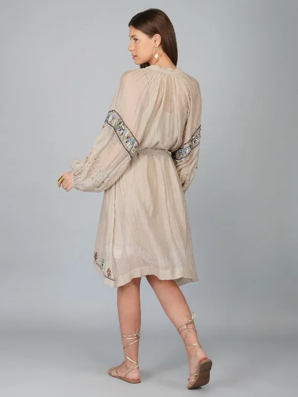 Beige Sequins Flower Big Sleeves Chanderi Dress (Set of 2)