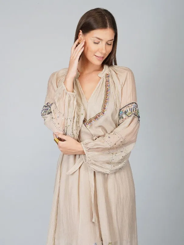 Beige Sequins Flower Big Sleeves Chanderi Dress (Set of 2)