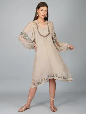 Beige Sequins Flower Big Sleeves Chanderi Dress (Set of 2)