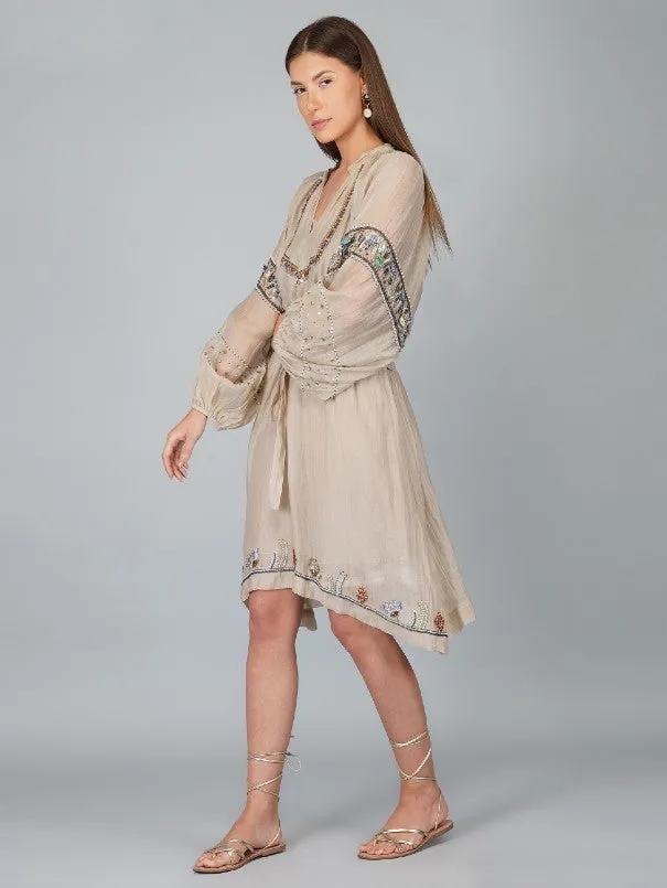 Beige Sequins Flower Big Sleeves Chanderi Dress (Set of 2)