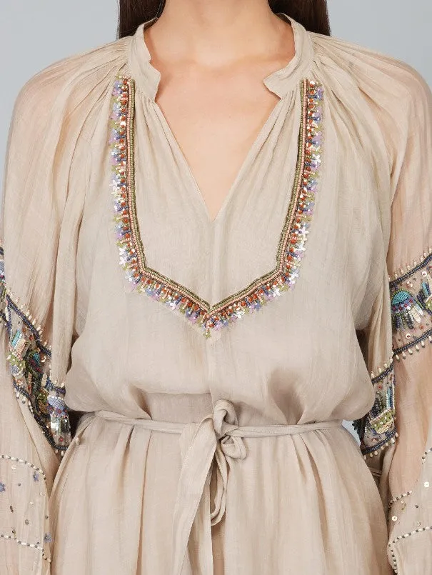 Beige Sequins Flower Big Sleeves Chanderi Dress (Set of 2)
