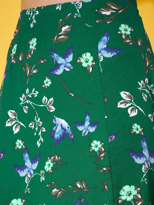 Berrylush Women Green & Blue Floral Printed High-Rise Waist Straight Hem Thigh-High Slit A-Line Maxi Skirt