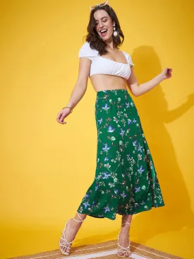 Berrylush Women Green & Blue Floral Printed High-Rise Waist Straight Hem Thigh-High Slit A-Line Maxi Skirt