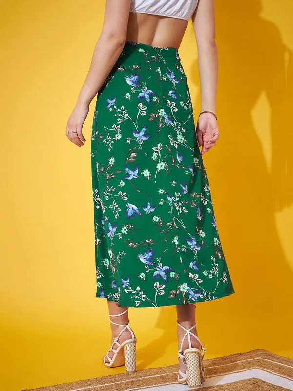 Berrylush Women Green & Blue Floral Printed High-Rise Waist Straight Hem Thigh-High Slit A-Line Maxi Skirt