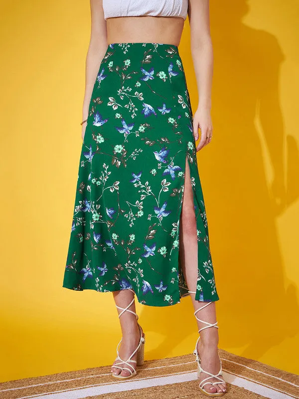 Berrylush Women Green & Blue Floral Printed High-Rise Waist Straight Hem Thigh-High Slit A-Line Maxi Skirt