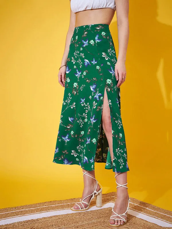 Berrylush Women Green & Blue Floral Printed High-Rise Waist Straight Hem Thigh-High Slit A-Line Maxi Skirt