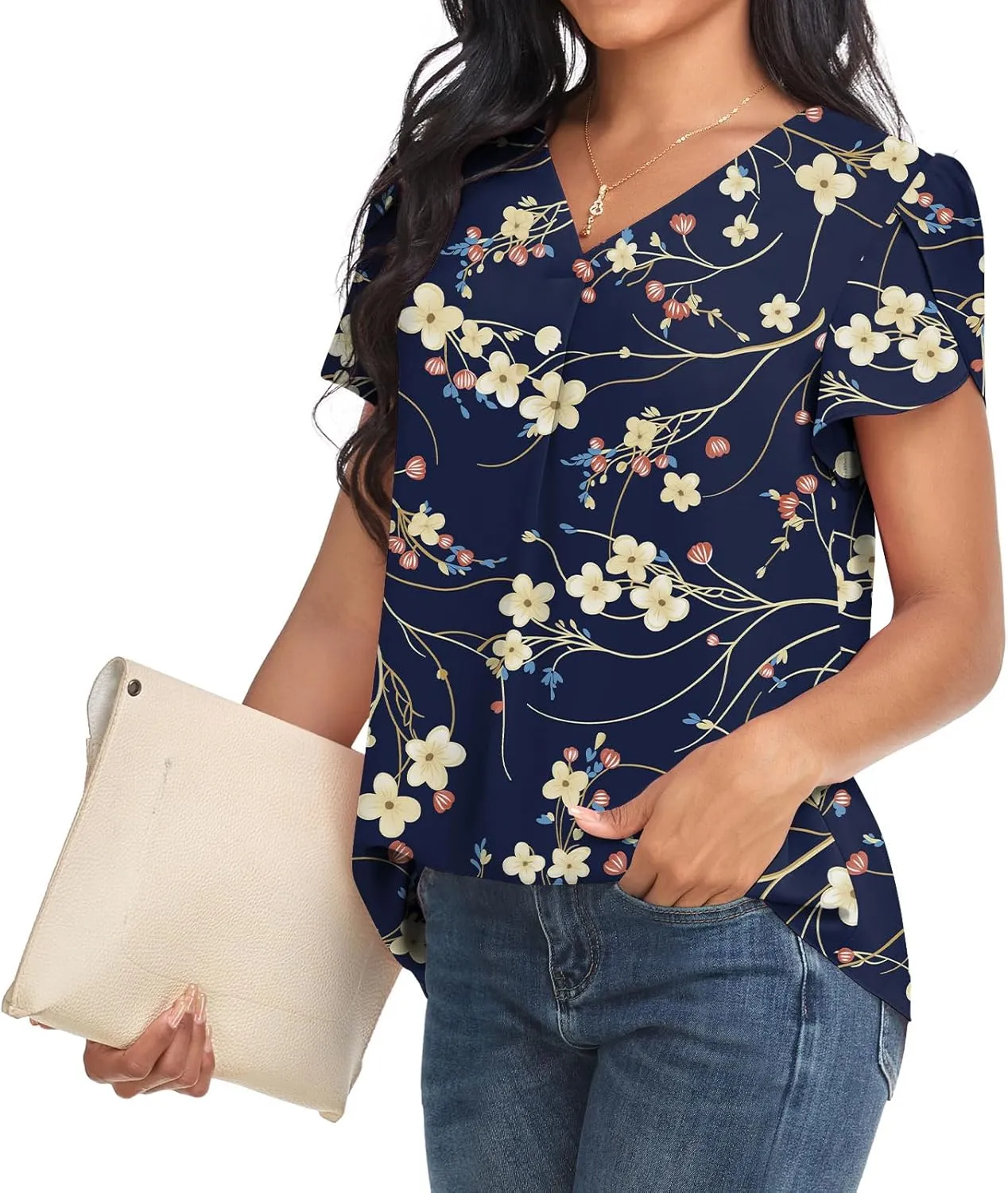 Bestbee Women's Dressy Chiffon Blouses V Neck Tops Tee 2025 Summer Shirts Petal Short Sleeve Casual T-Shirts