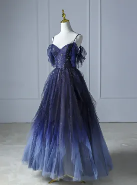 Blue Gradient Tulle Strapls Beading Prom Dress