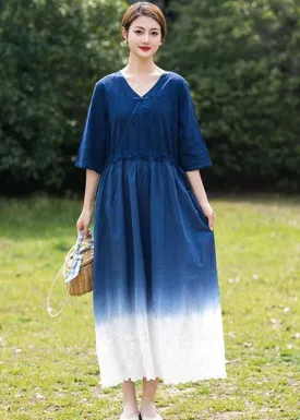 Bohemian Blue Gradient V Neck Hollow Out Patchwork Linen Dress Summer LY2525