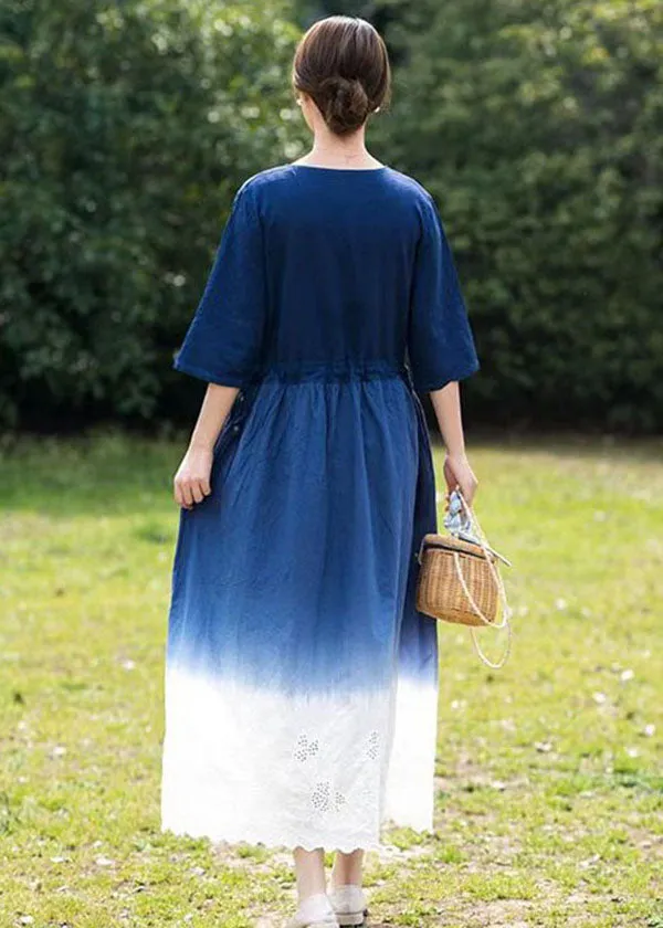 Bohemian Blue Gradient V Neck Hollow Out Patchwork Linen Dress Summer LY2525