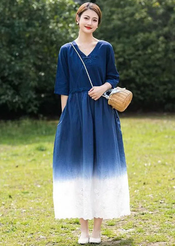 Bohemian Blue Gradient V Neck Hollow Out Patchwork Linen Dress Summer LY2525
