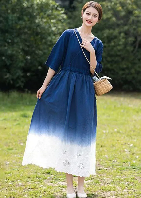 Bohemian Blue Gradient V Neck Hollow Out Patchwork Linen Dress Summer LY2525