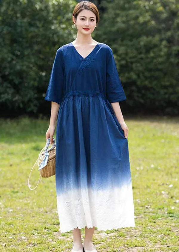 Bohemian Blue Gradient V Neck Hollow Out Patchwork Linen Dress Summer LY2525