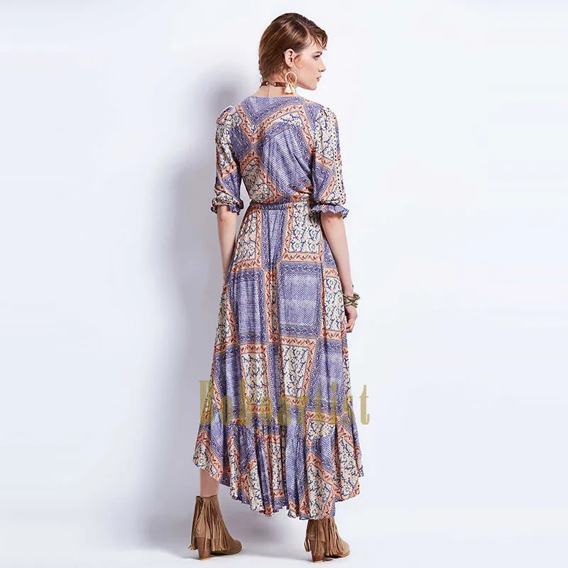 Bohemian Geometric Pattern Waist Irregular Long Dress